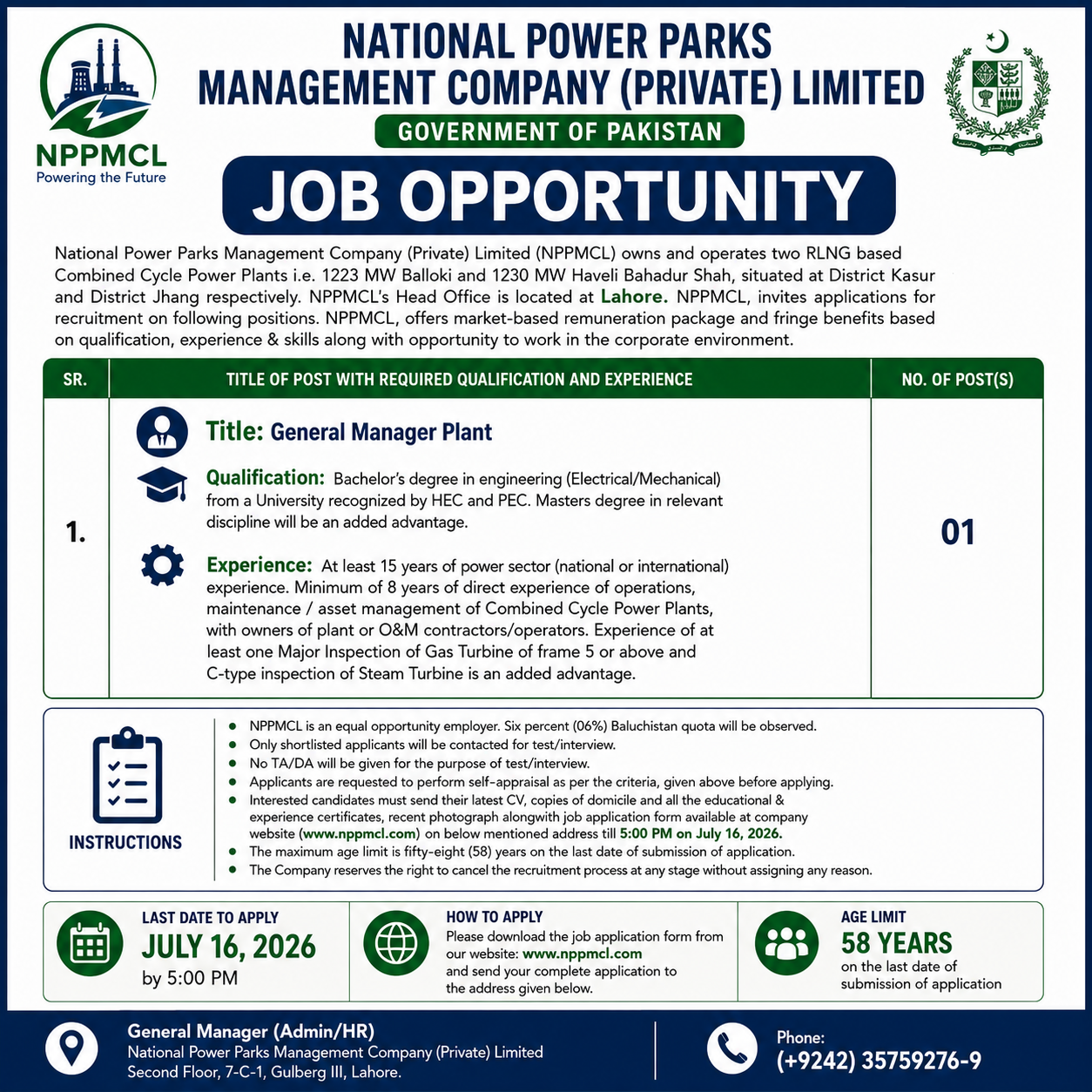 General Manager Plant National Power Parks Management Company Private Limited - Lahore