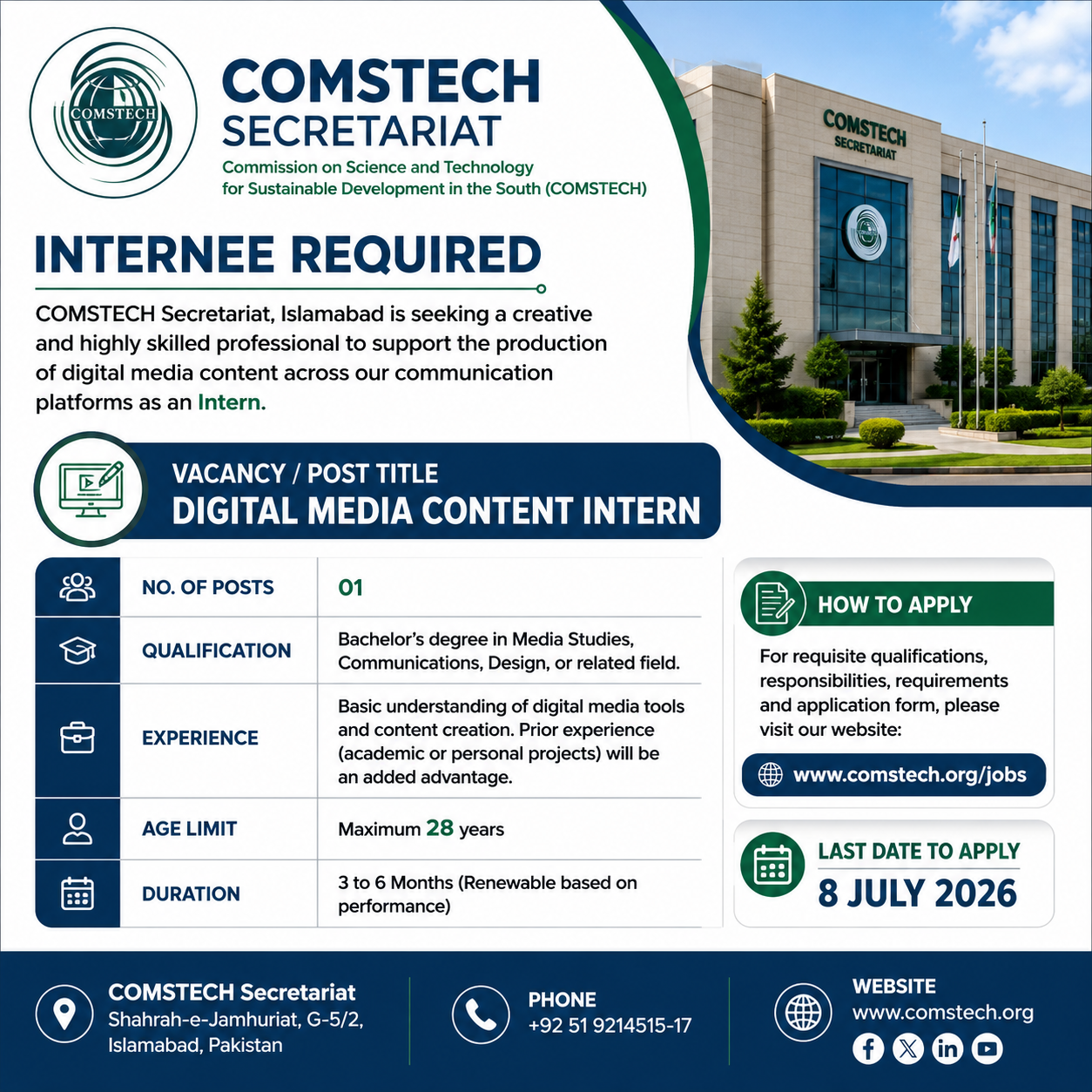 Digital Media Content Production Internee COMSTECH Secretariat Islamabad - Islamabad