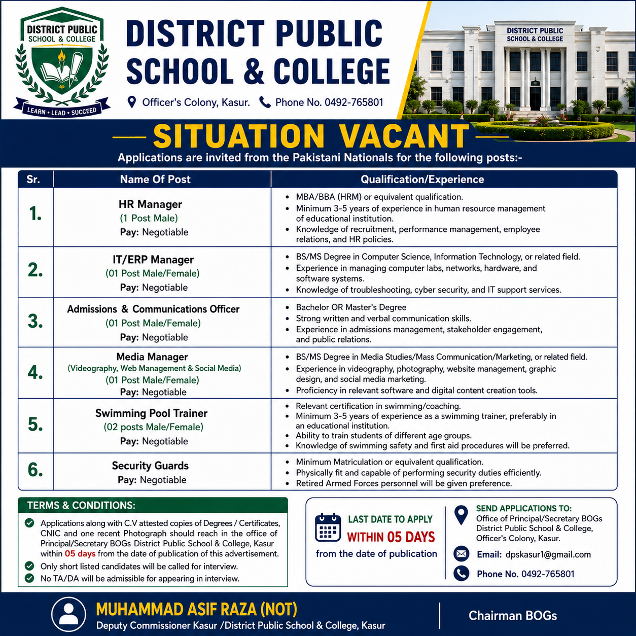 HR Manager IT ERP Manager Admissions Media Manager District Public School and College Kasur - Not specified