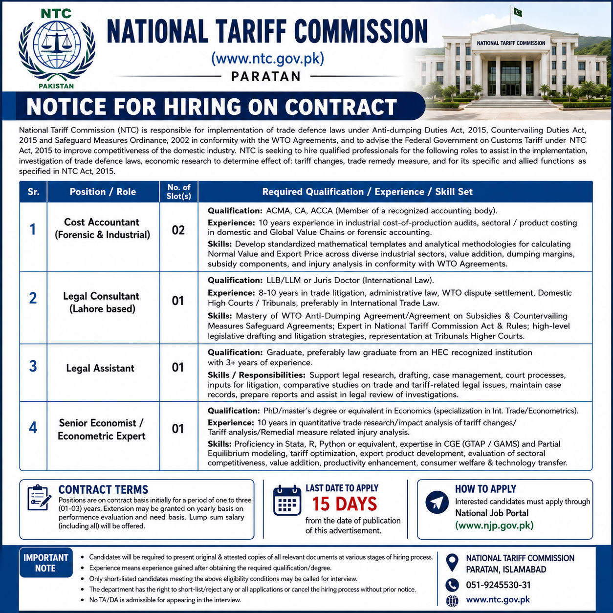 Cost Accountant Legal Consultant Legal Assistant Senior Economist National Tariff Commission - Islamabad