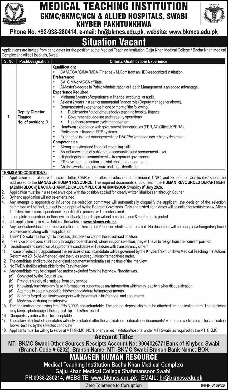 Deputy Director Finance Medical Teaching Institution Swabi - Swabi