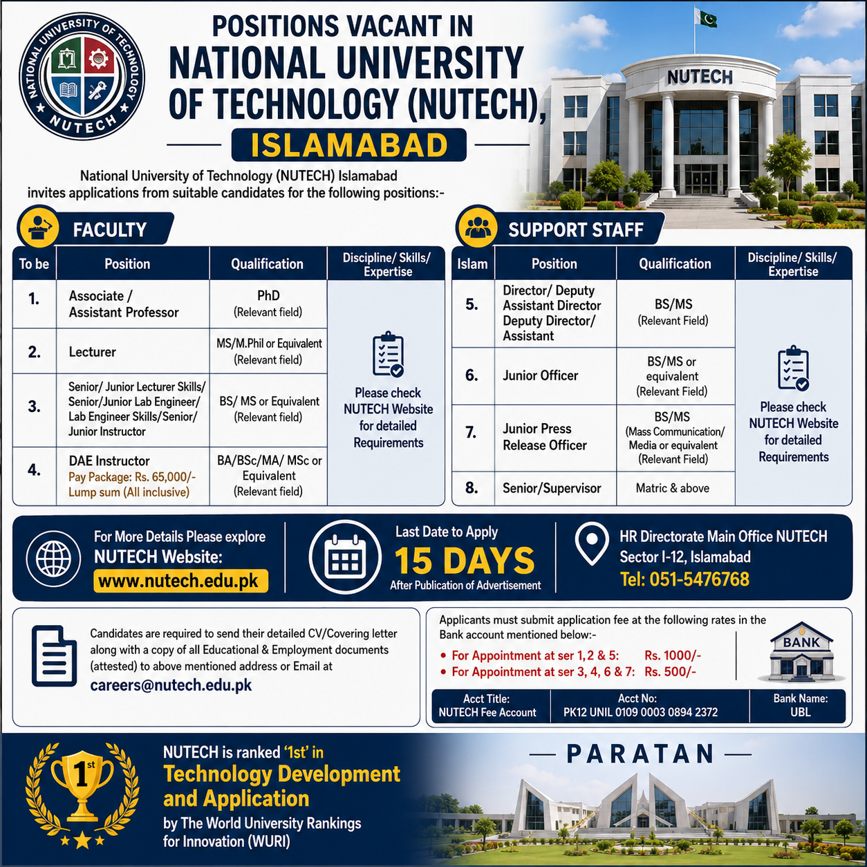 Faculty and Support Staff Positions National University of Technology NUTECH Islamabad - Islamabad
