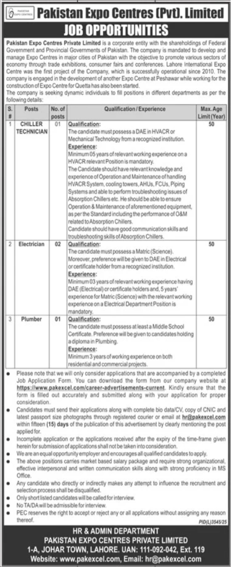 Chiller Technician Electrician Plumber Pakistan Expo Centres Private Limited Lahore - Lahore