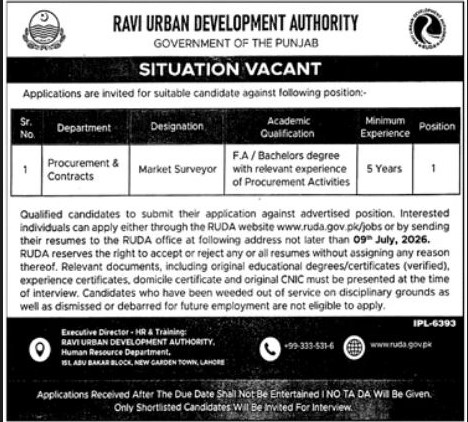 Market Surveyor Procurement Contracts Ravi Urban Development Authority RUDA - Lahore