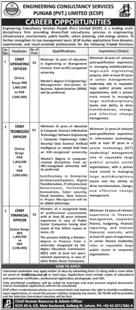 Chief Operating Officer Chief Technology Officer Chief Financial Officer Engineering Consultancy Services Punjab ECSP - Lahore