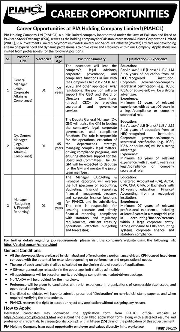 General Manager Dy General Manager Manager Budgeting Financial Reporting PIA Holding Company Limited PIAHCL Islamabad - Islamabad