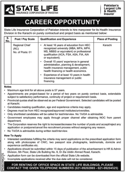 Regional Chief Health Insurance Division State Life Insurance Corporation of Pakistan Karachi - Karachi