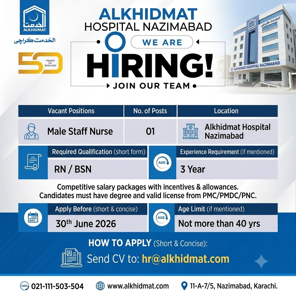 Male Staff Nurse Alkhidmat Hospital Nazimabad Karachi - Karachi