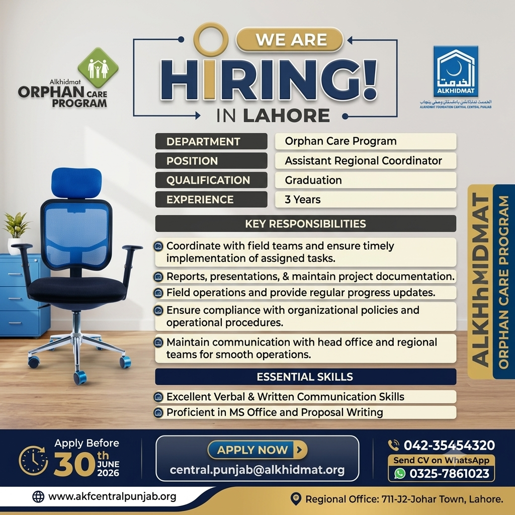 Assistant Regional Coordinator Orphan Care Program Alkhidmat Lahore - Lahore