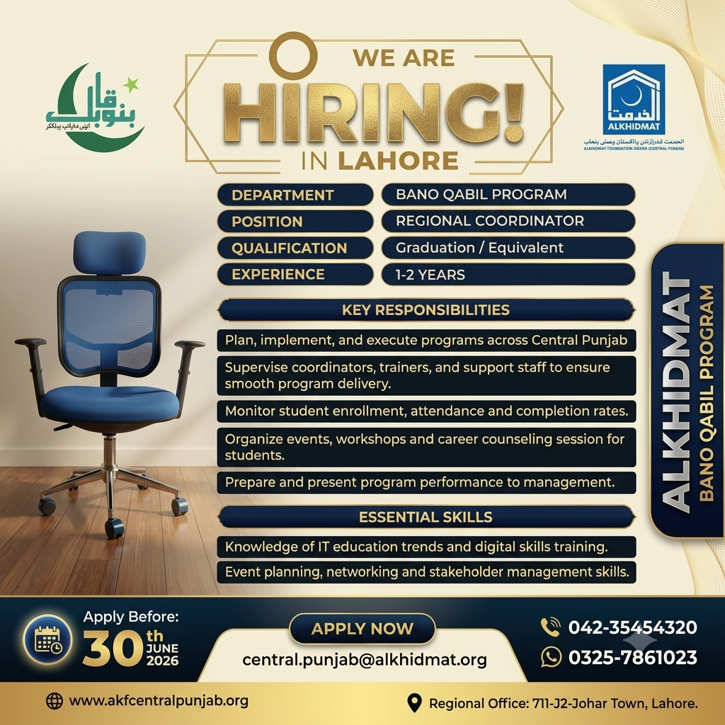 Regional Coordinator Bano Qabil Program Alkhidmat Foundation Lahore - Lahore
