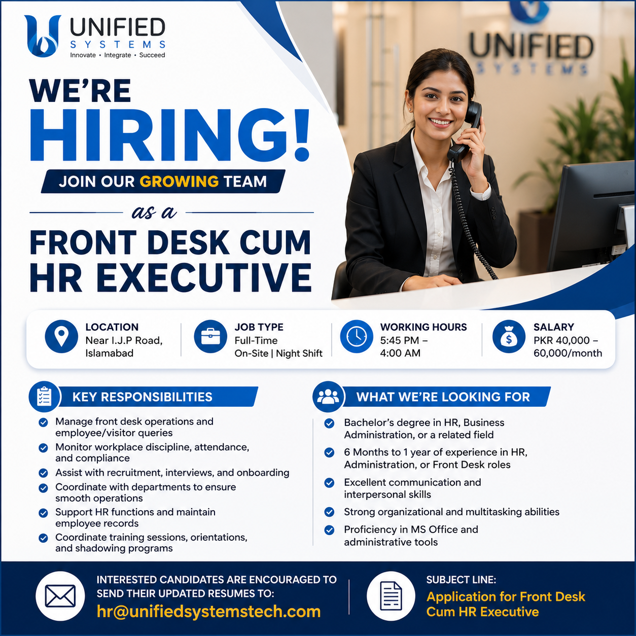 Front Desk Cum HR Executive Unified Systems Islamabad - Islamabad