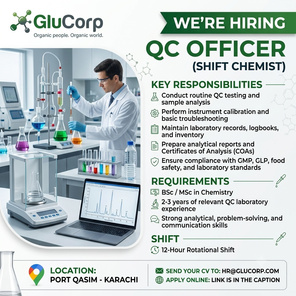 QC Officer Shift Chemist GluCorp - Karachi