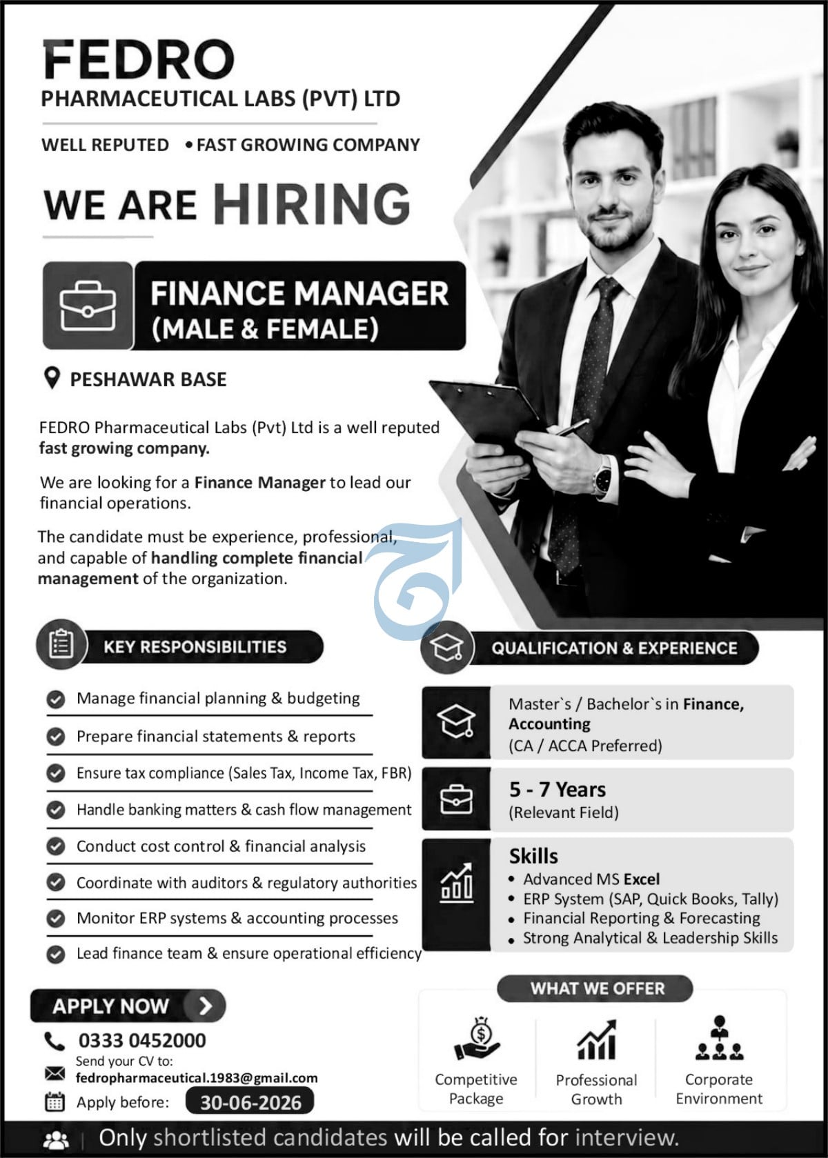 Finance Manager Fedro Pharmaceutical Labs - Peshawar