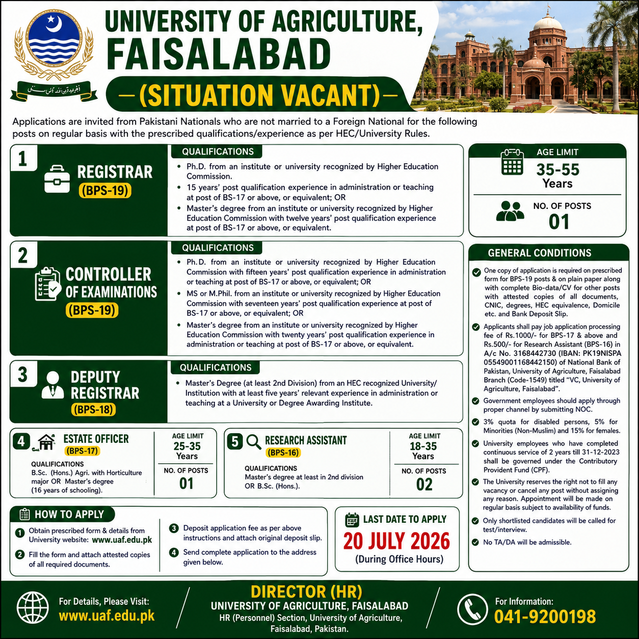 University Positions (Registrar, Controller, Deputy Registrar, etc.) - Faisalabad