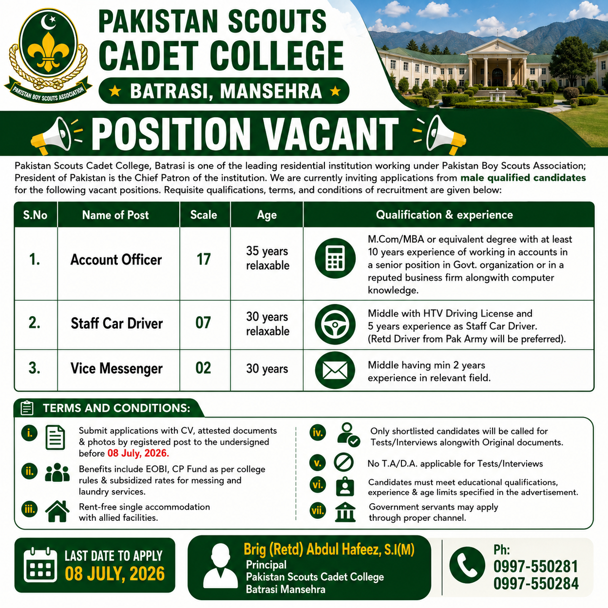 Pakistan Scouts Cadet College Batrasi Mansehra Vacancies - Mansehra