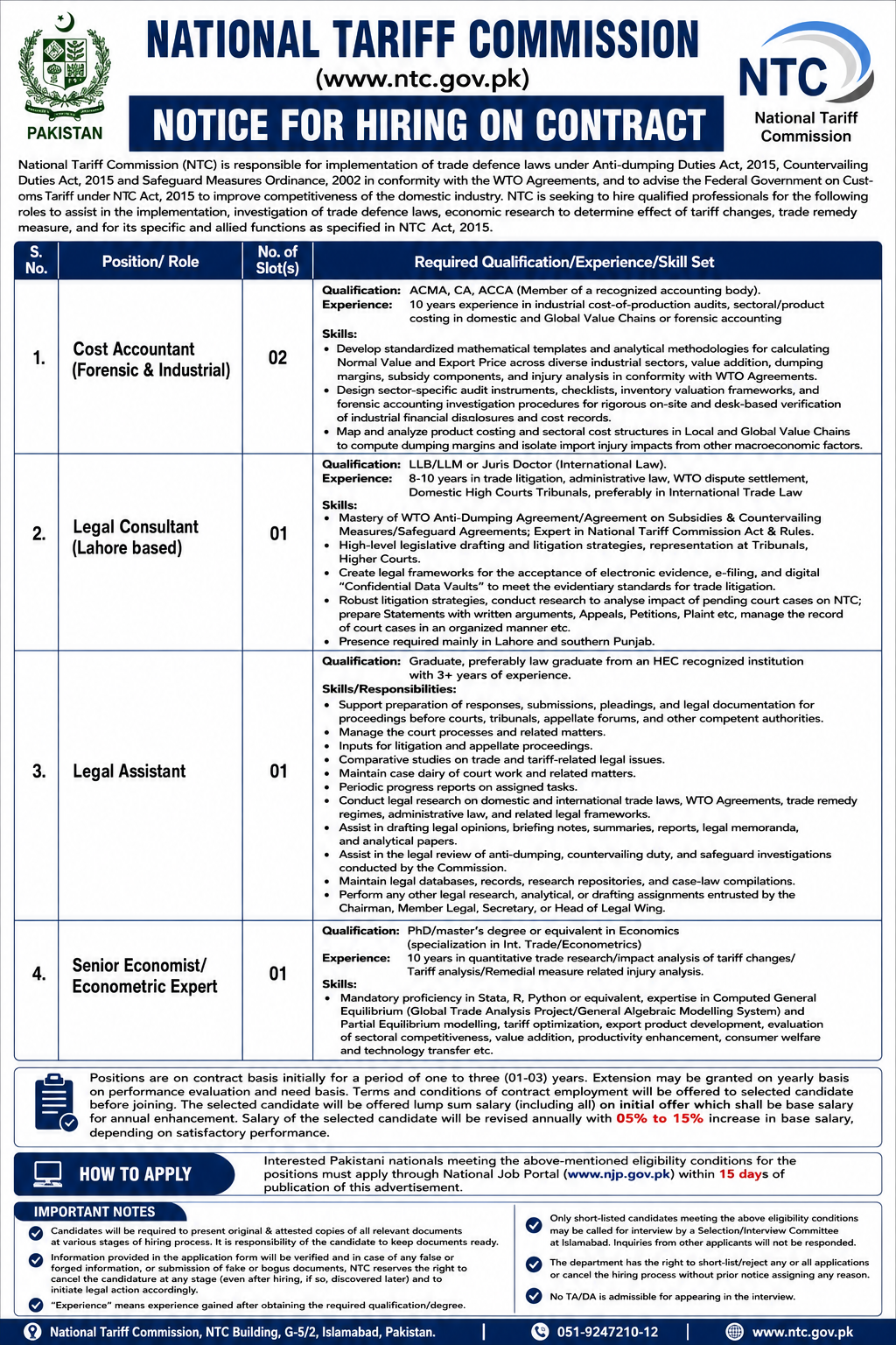 National Tariff Commission Job Opportunities - Islamabad