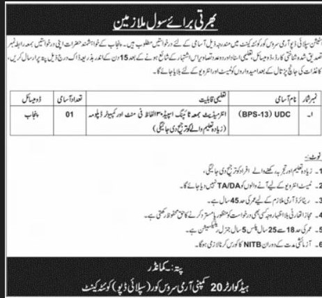 Civilian Jobs Upper Division Clerk UDC Quetta Cantt - Quetta