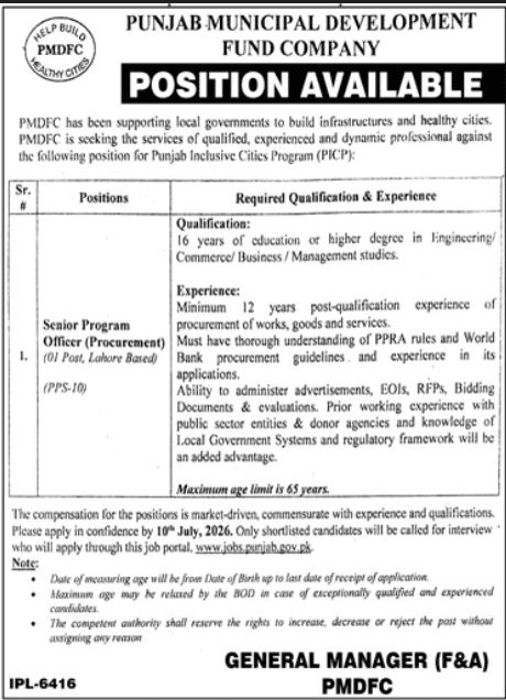 Senior Program Officer Procurement PMDFC - Lahore