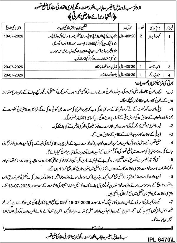 Punjab Enforcement Regulatory Authority Pattoki Vacancies - patoki