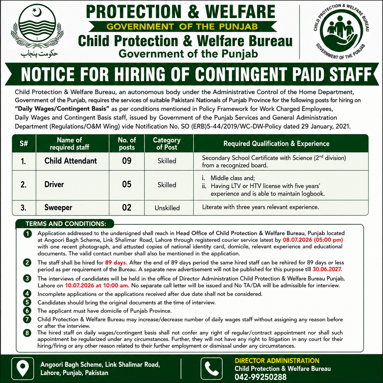 Child Protection & Welfare Bureau Contingent Paid Staff - Lahore