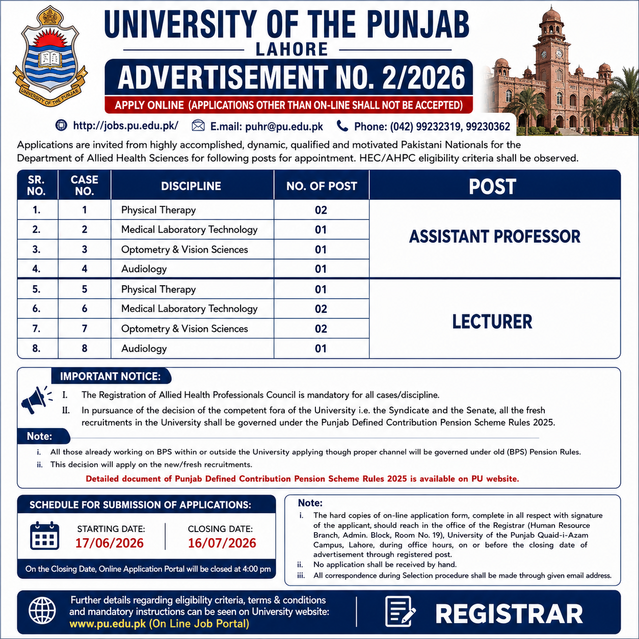University of the Punjab Lahore Teaching Positions - Lahore