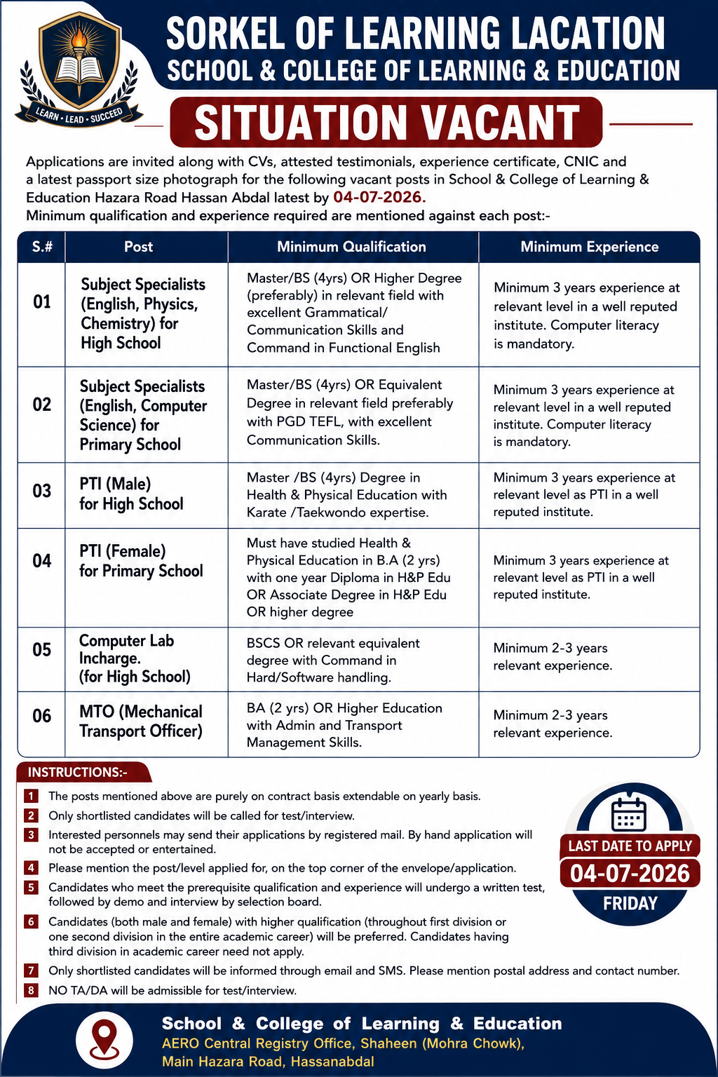 School & College of Learning & Education Hassan Abdal Jobs - Hassan Abdal