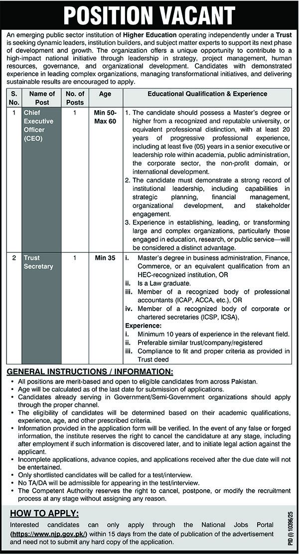 Public Sector Institution Chief Executive Officer & Trust Secretary - Islamabad