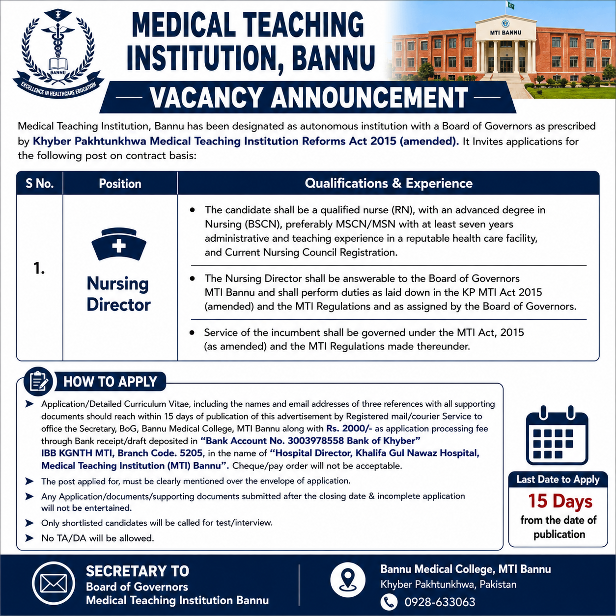 Nursing Director Medical Teaching Institution Bannu - Bannu