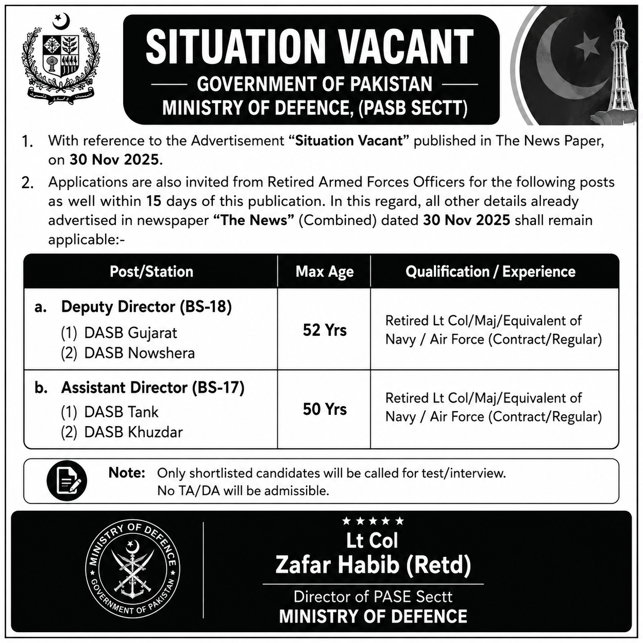 Ministry of Defence PASB Sectt Vacancies Corrigendum - Rawalpindi