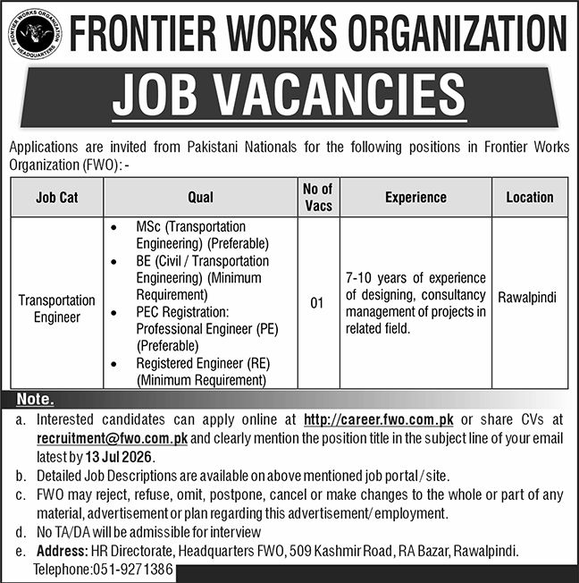 Transportation Engineer Frontier Works Organization - Rawalpindi