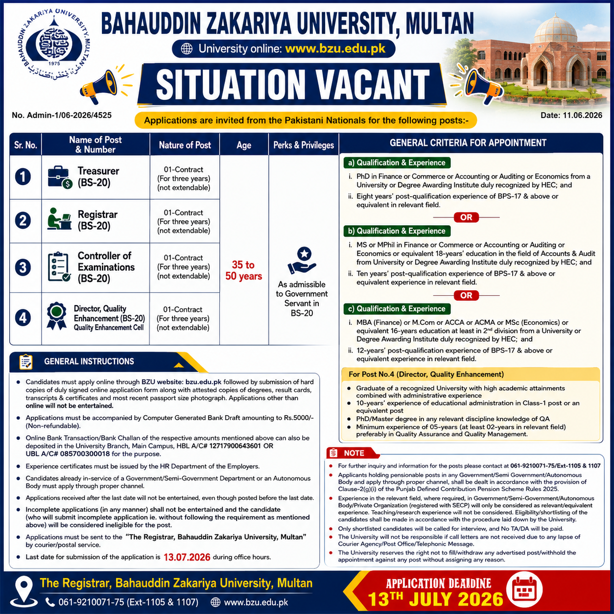 Bahauddin Zakariya University Multan Vacancies - Multan