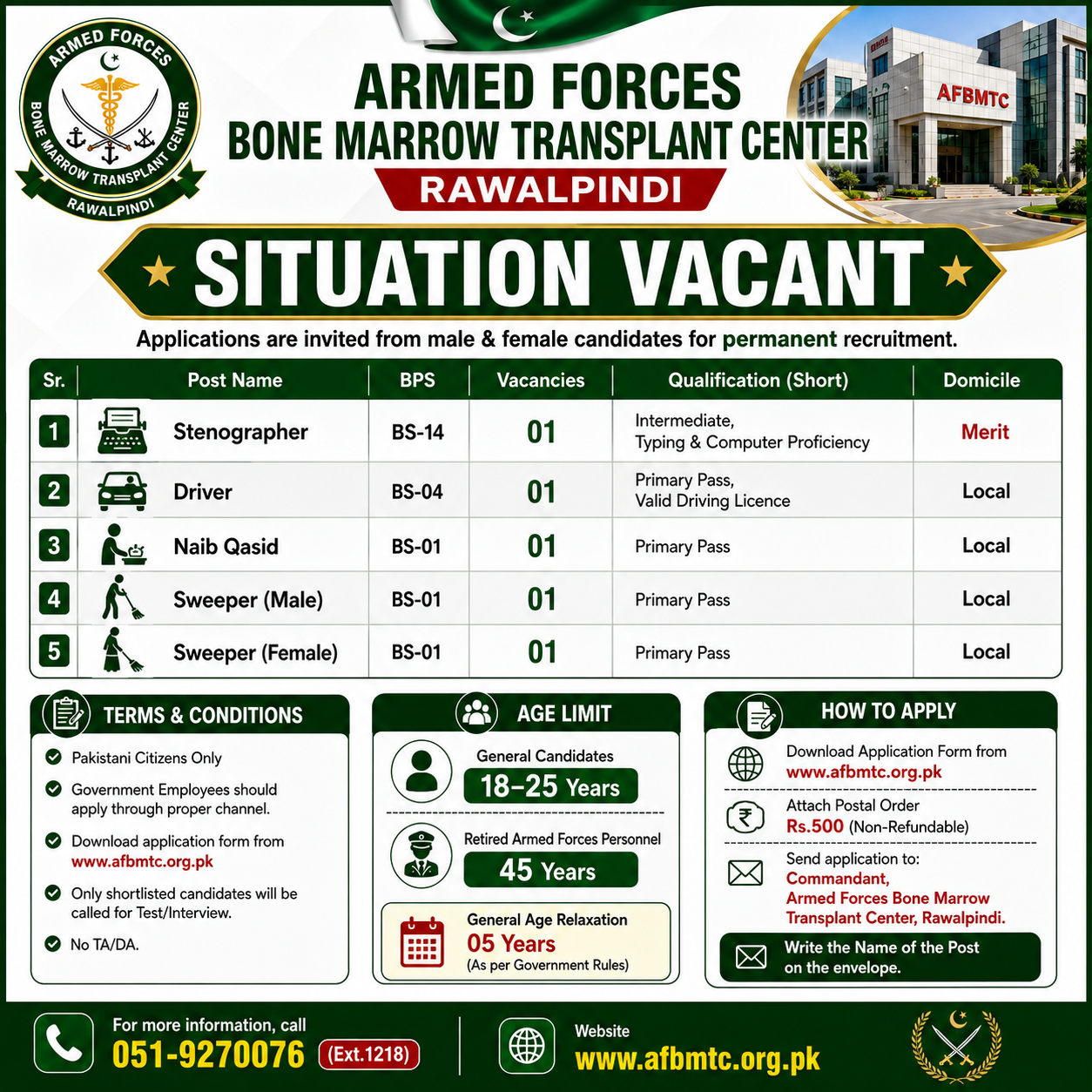 Armed Forces Bone Marrow Transplant Centre Rawalpindi Vacancies - Rawalpindi