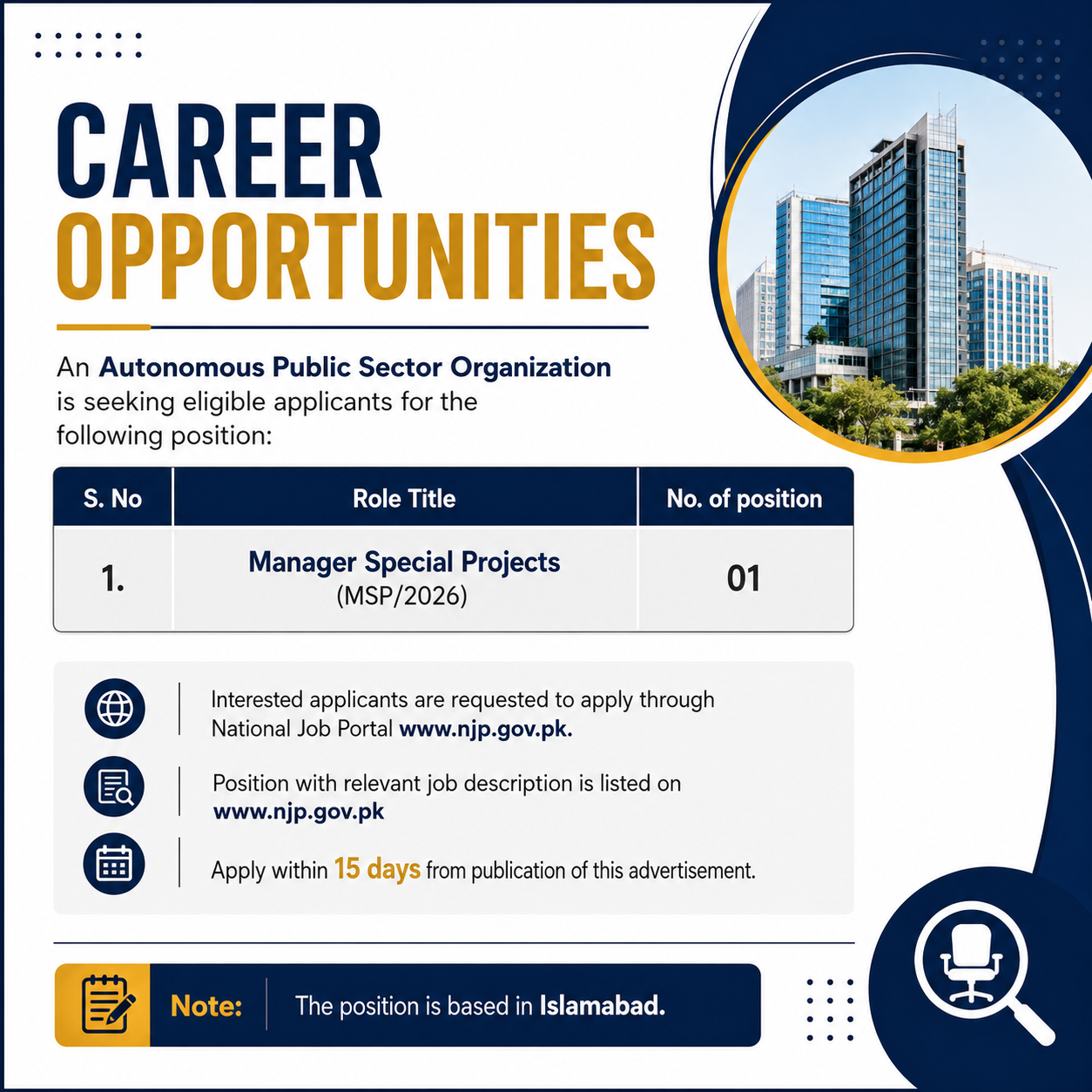 Manager Special Projects Public Sector Organization - Islamabad