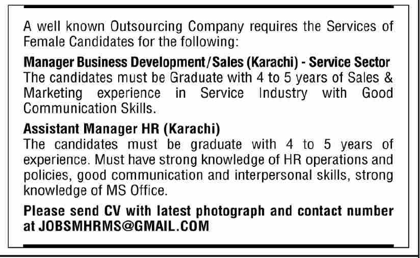 Manager Business Development / Sales & Assistant Manager HR - Karachi