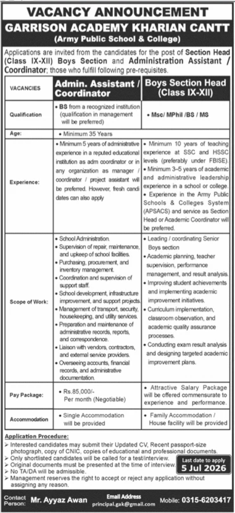 Garrison Academy Kharian Cantt Section Head & Assistant - Kharian