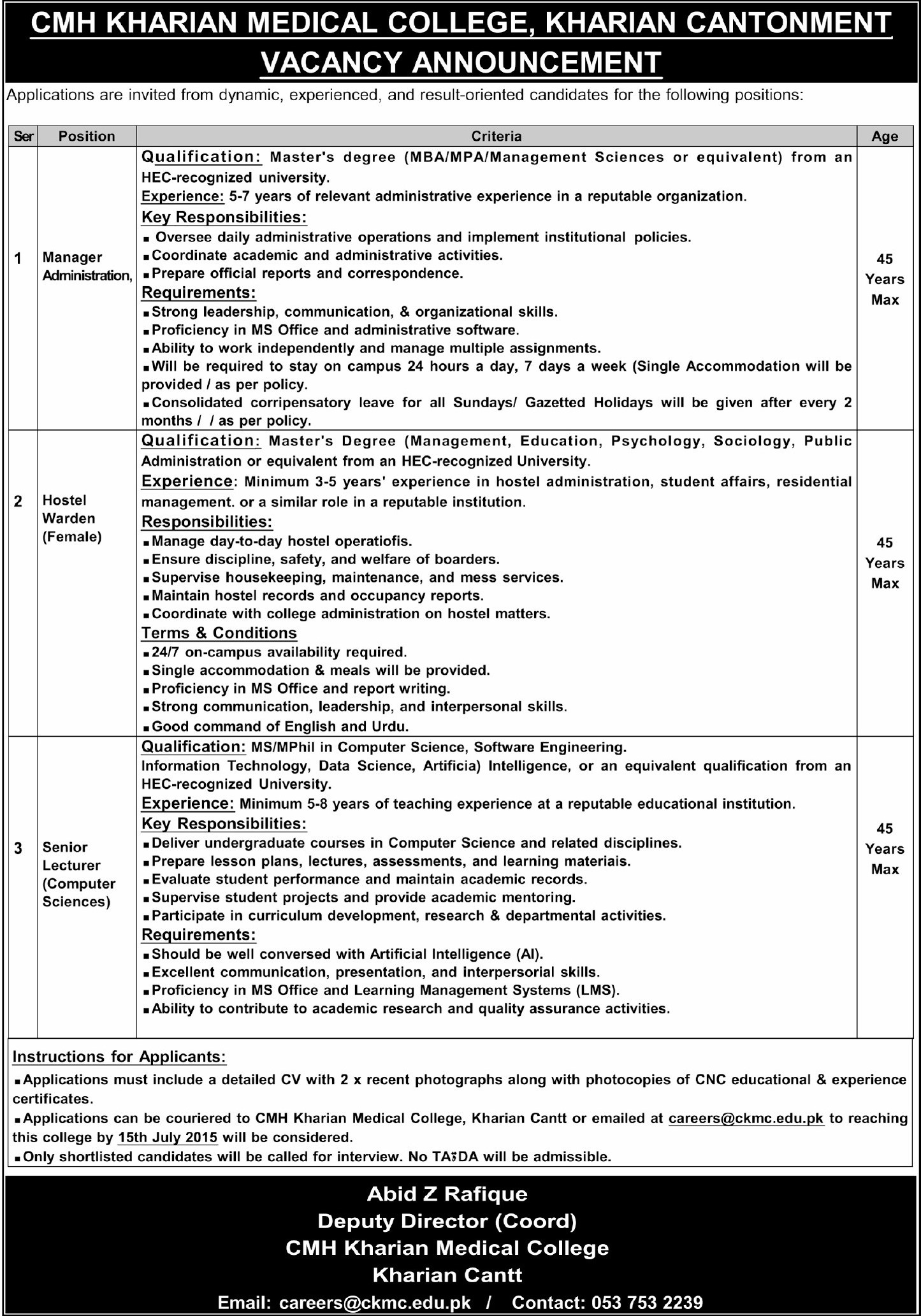 CMH Kharian Medical College Administration & Teaching Faculty - Kharian