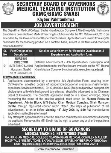 Nursing Director Medical Teaching Institution GKMC/BKMC Swabi - Swabi
