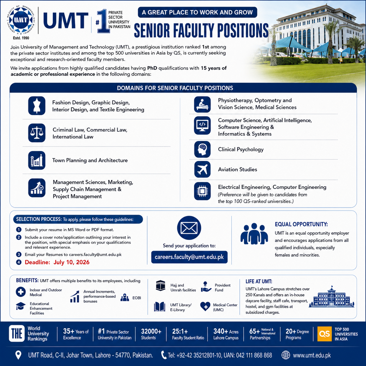 Faculty and Senior Faculty Positions University of Management and Technology UMT - Lahore