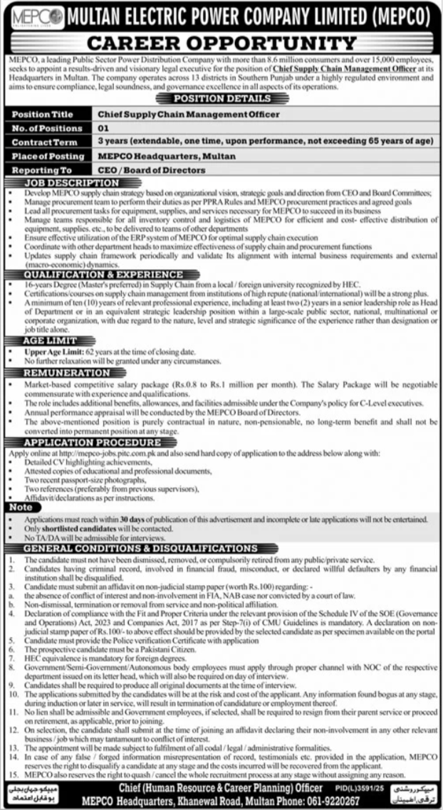 Chief Supply Chain Management Officer Multan Electric Power Company MEPCO - Multan