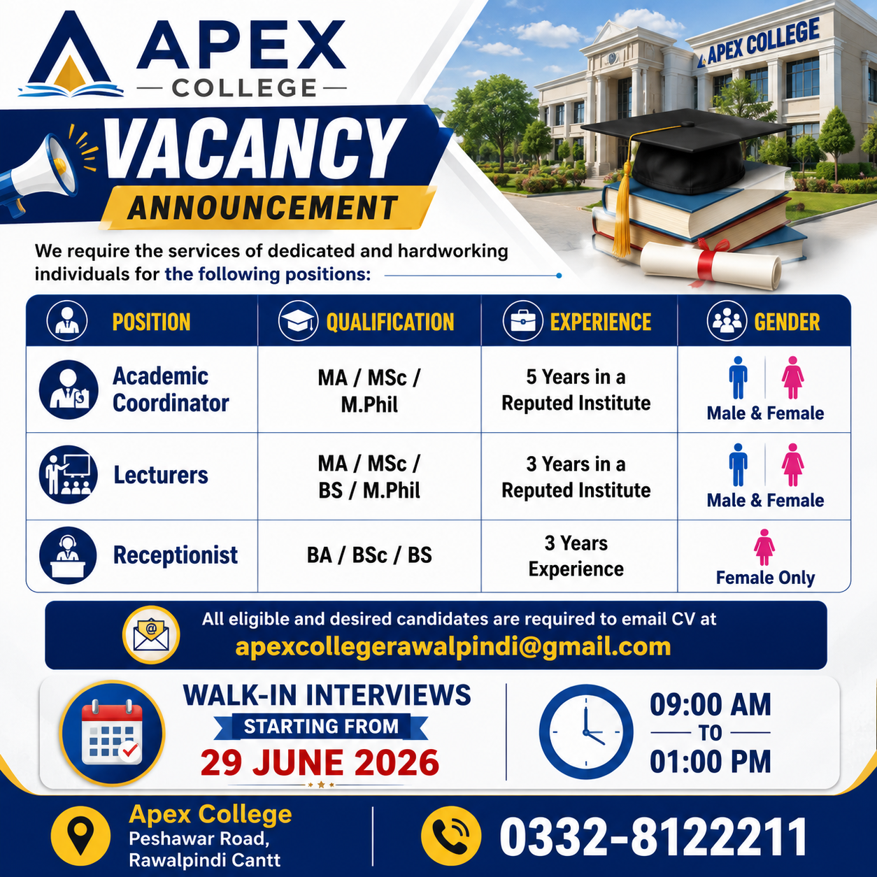 Academic Coordinator Lecturers and Receptionist Apex College Rawalpindi - Rawalpindi