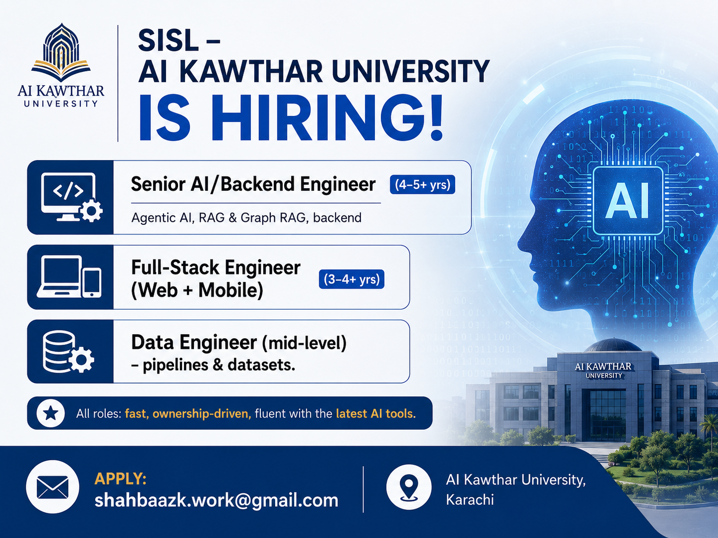 Senior AI Backend Engineer Full Stack Engineer and Data Engineer SISL Al Kawthar University - Karachi