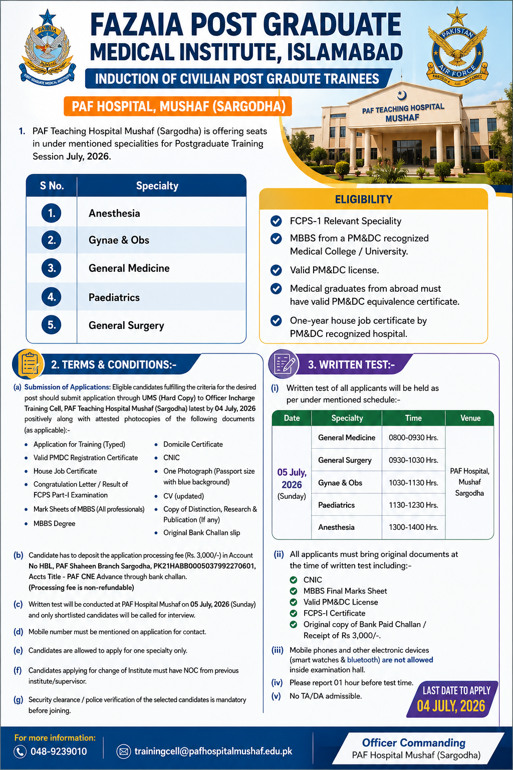 Civilian Postgraduate Trainees Anesthesia Gynae Obs General Medicine Paediatrics General Surgery PAF Hospital Mushaf - Sargodha