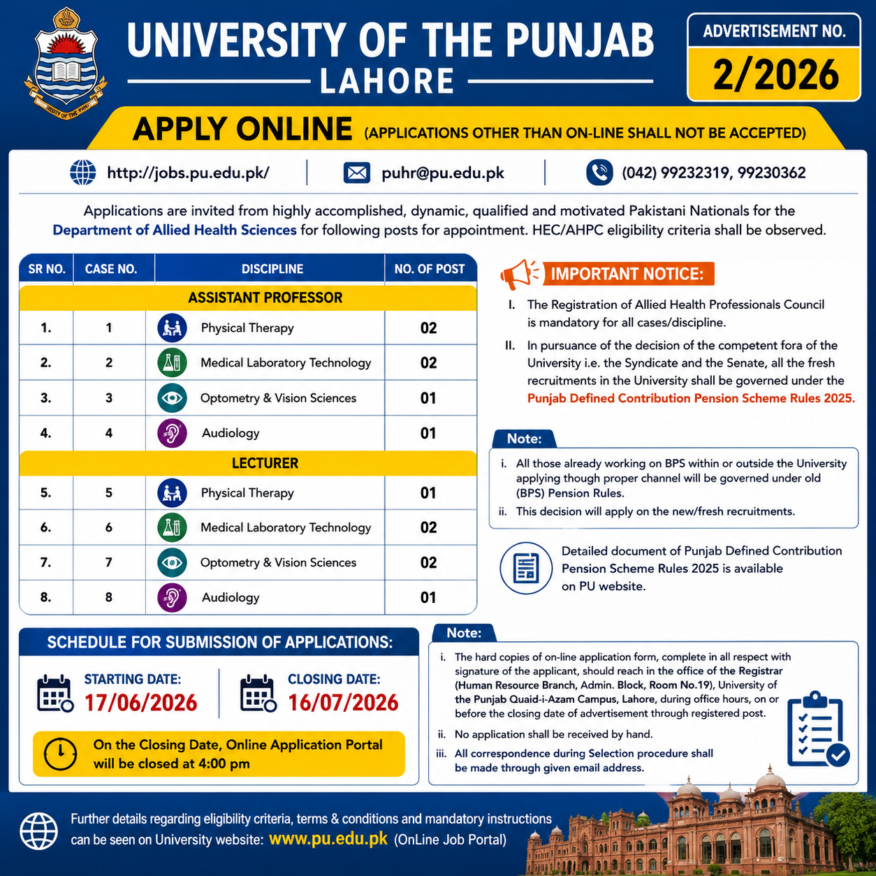 University of the Punjab Lahore Assistant Professor Lecturer Physical Therapy Medical Lab Technology Optometry Audiology Allied Health Sciences Jobs Lahore - Lahore