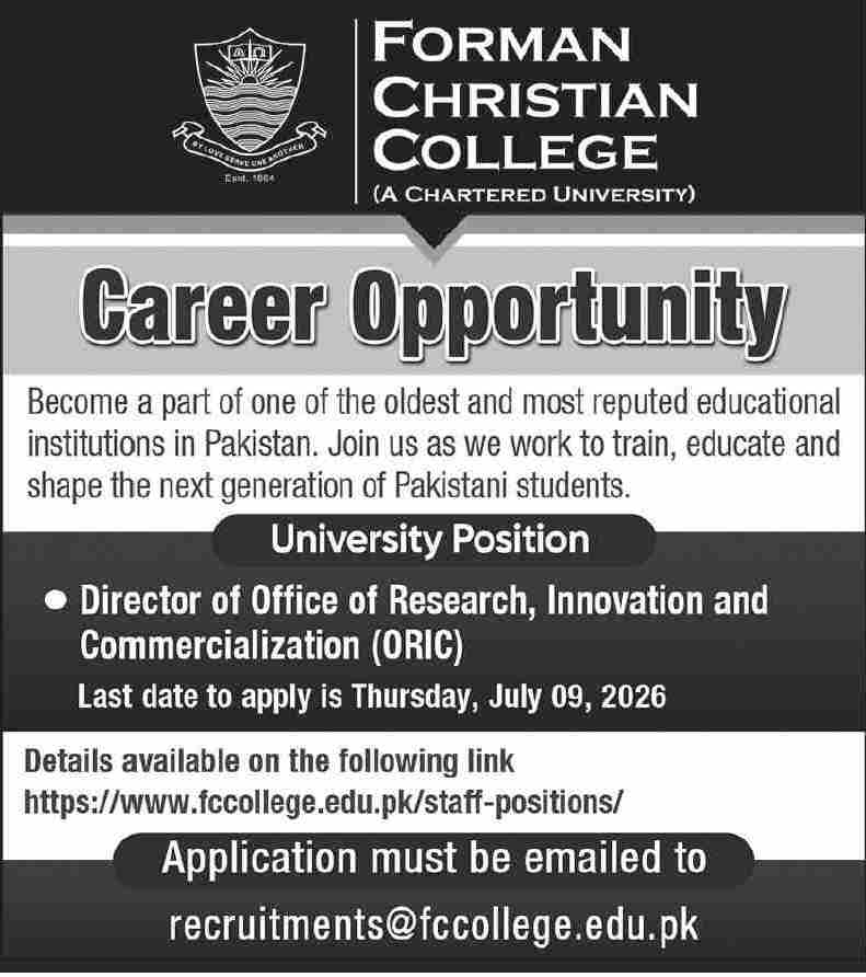 Forman Christian College FC College Director Office of Research Innovation Commercialization ORIC Jobs Lahore - Lahore