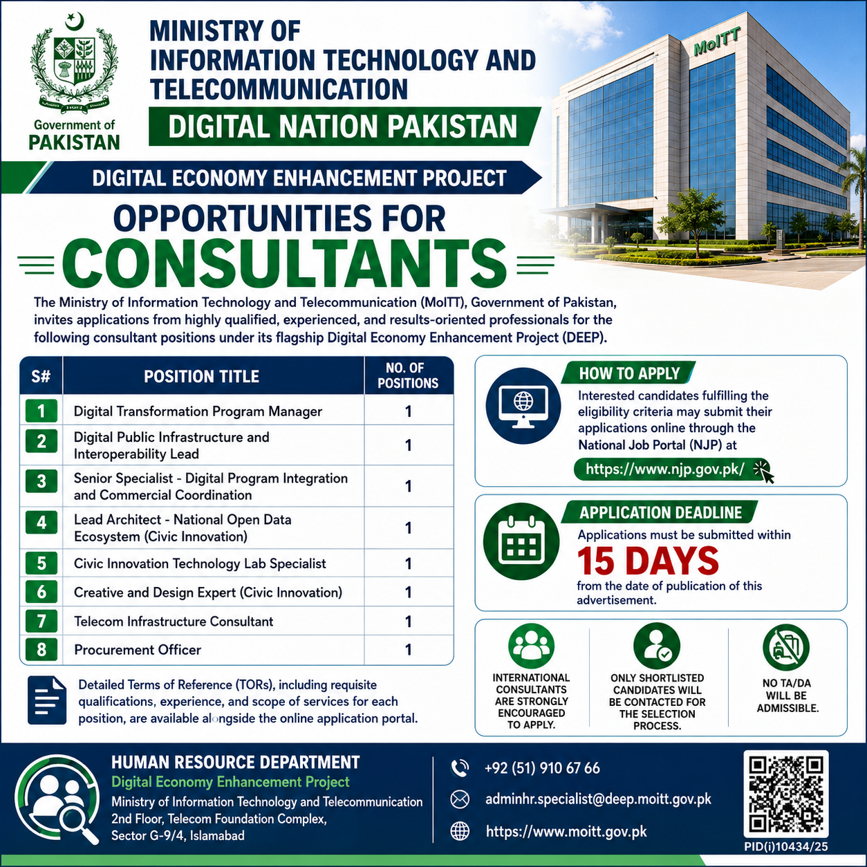 Ministry of Information Technology and Telecommunication MoITT Digital Economy Enhancement Project DEEP Consultants Jobs Islamabad - Islamabad
