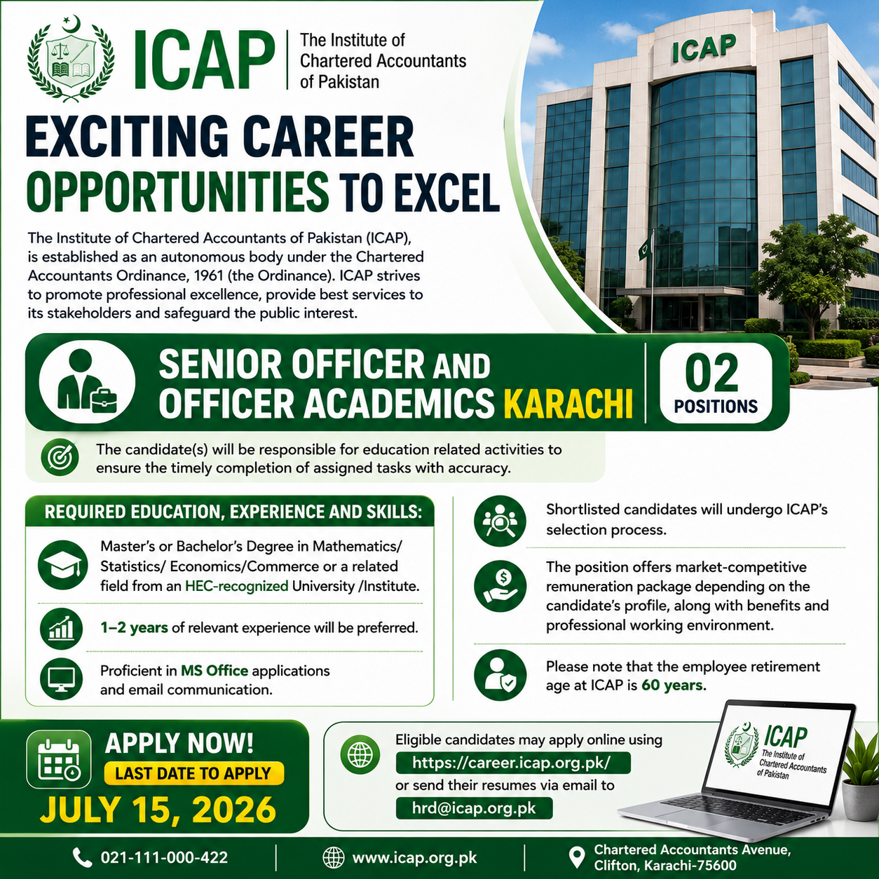 Institute of Chartered Accountants of Pakistan ICAP Senior Officer Officer Academics Jobs Karachi - Karachi