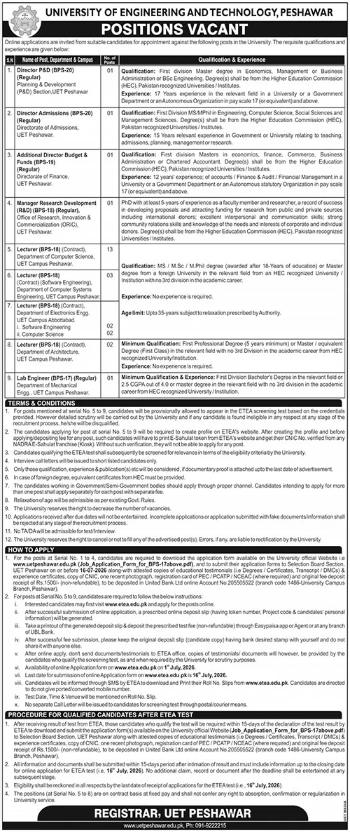 Director / Manager / Lecturer / Lab Engineer - Peshawar