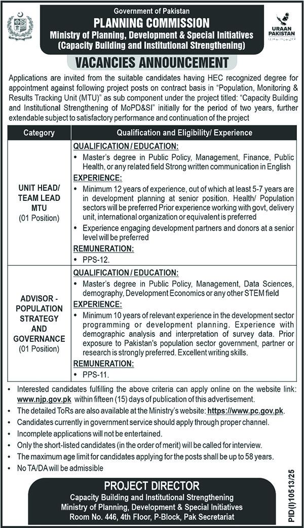 Unit Head/Team Lead MTU & Advisor - Population Strategy and Governance - Islamabad