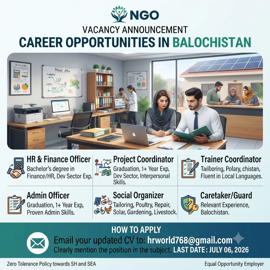 HR & Finance Officer / Project Coordinator / Trainer Coordinator - Quetta