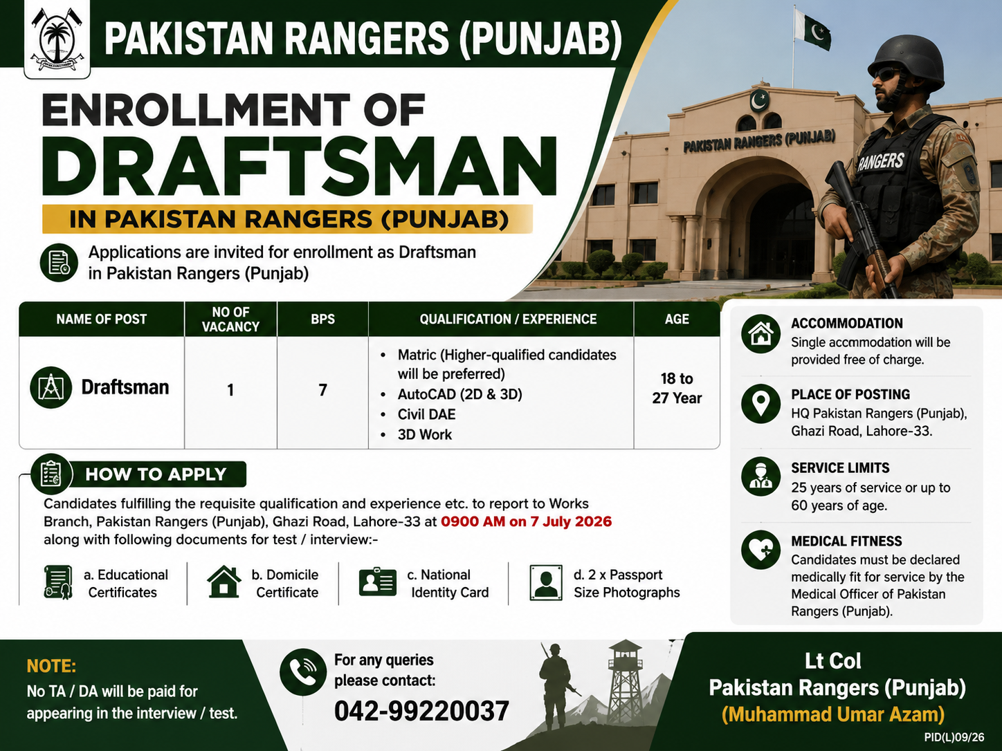 Draftsman Pakistan Rangers Punjab